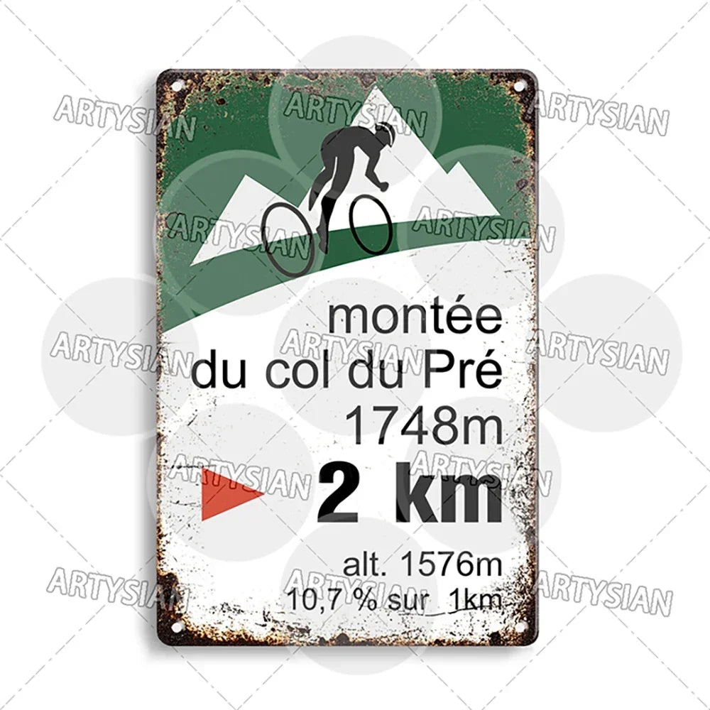 Tour de France Metal Sign Cycling Plaque Paves Du Paris Roubaix Col du Galibier Col de Sarenne Alpe d'Huez Mont Ventoux Glandon