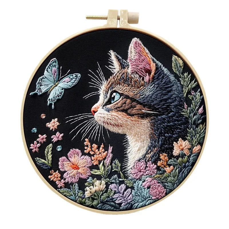 DIY Cat and Flower Embroidery Kit for Beginners Complete Handmade Cross Stitch Kit Mixing Colors Fabric Materials and Animal