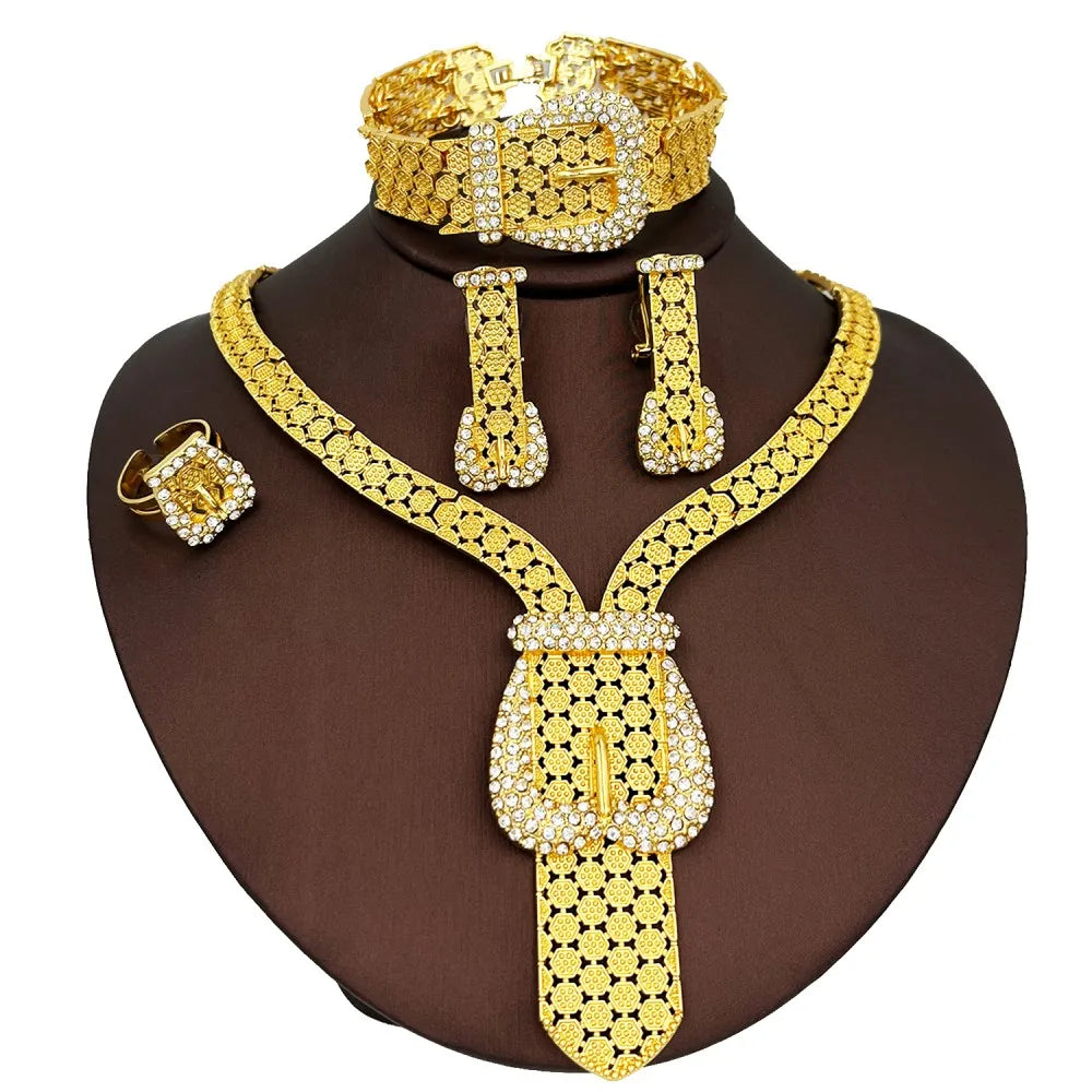 Trendy Statement Big Jewelry Set Africal Dubai Gold Color Large Necklace Chic Bangle Bracelet Long Earring Ring Set Wedding Gift
