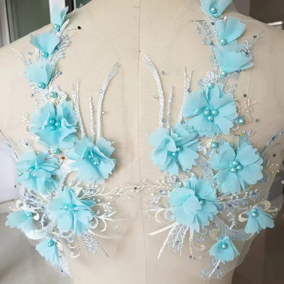 1Pc Pink Blue 3D Flower Bead Embroidery Patch Mesh Fabric Applique Sew Wedding Dress Clothes Decor Diy Repair