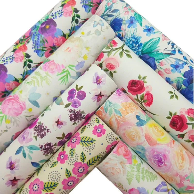 Spring Rose Flowers Printed Synthetic Leather Faux Fabric Sheets Felt Backing Vinyl For Earrings bag Bows DIY GM2381B