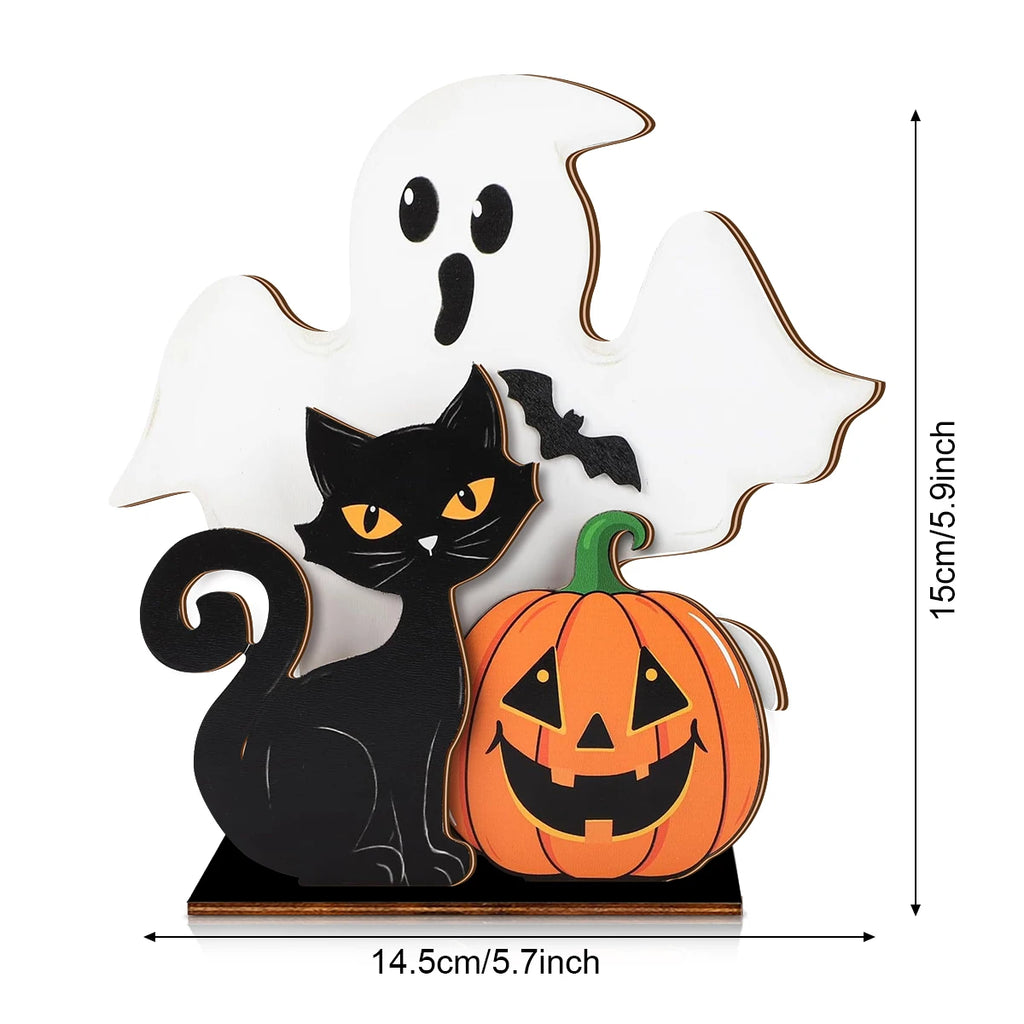 Halloween Wooden Decor - Ghost, Black Cat and Pumpkin Figurine for Home Party Ornament
