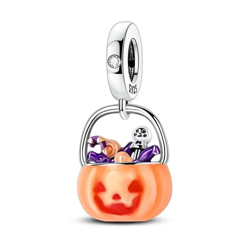 Original 925 Sterling Silver Halloween Charms Pumpkin Skull Witch Ghost Bead Earrings Pendant Fit Bracelet Necklace Jewelry