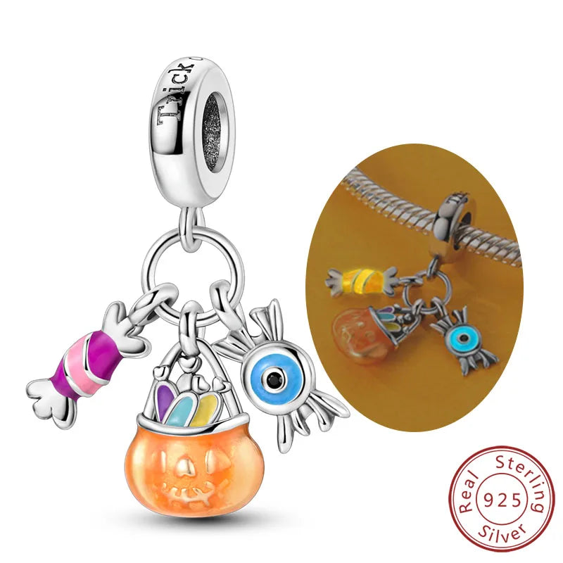 Halloween Charm Bead Pendant 925 Sterling Silver Pumpkin Witch Doll Skeleton Mummy Candy Charm Fit Original Bracelet DIY Jewelry