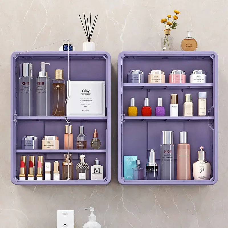 Multi-Layer No Drill Bathroom Organizer Transparent Cosmetic Display Cabinet with Removable Shelves