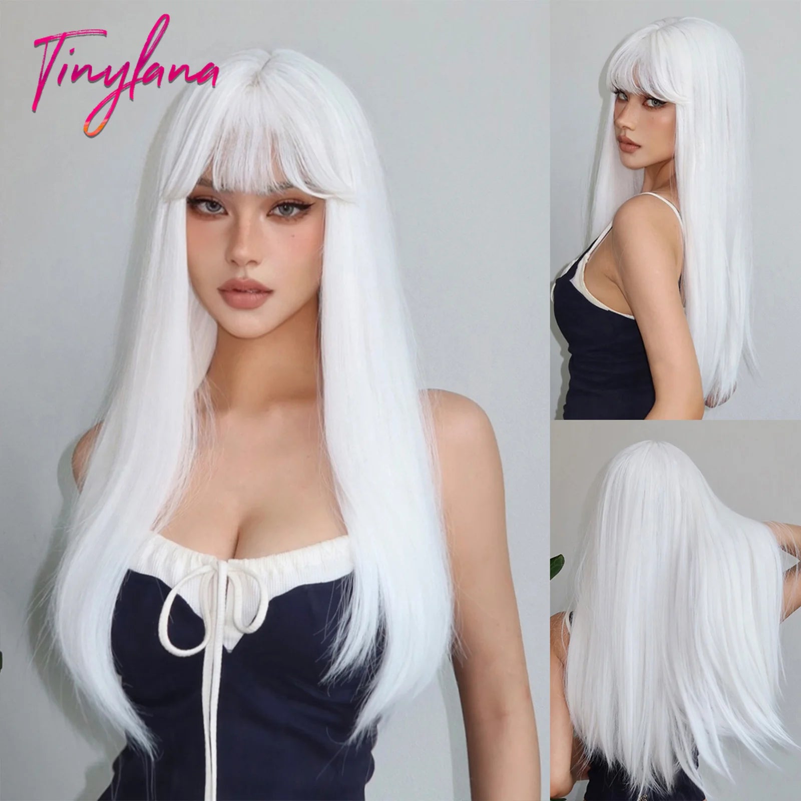 Long Straight Light Pink Synthetic Wigs with Bangs for Women Cosplay Halloween Lolita Pink Party Wig Natural Hair Heat Resistant