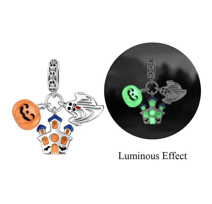 Original 925 Sterling Silver Halloween Charms Pumpkin Skull Witch Ghost Bead Earrings Pendant Fit Bracelet Necklace Jewelry