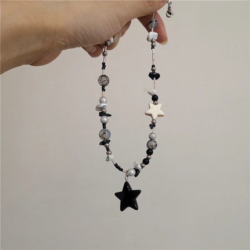 Kpop Goth Vintage Cool Y2K Star Pendant Beaded Silver Color Chain Necklace For Women Men Aesthetic Grunge EMO Jewely Accessory