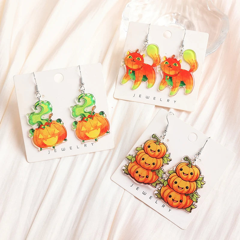 1Pair Fashion Halloween Creative Acrylic Stacked Pumpkin Cats Dangle Earrings For Women Birthday Festival Gift Lovely Jewelry