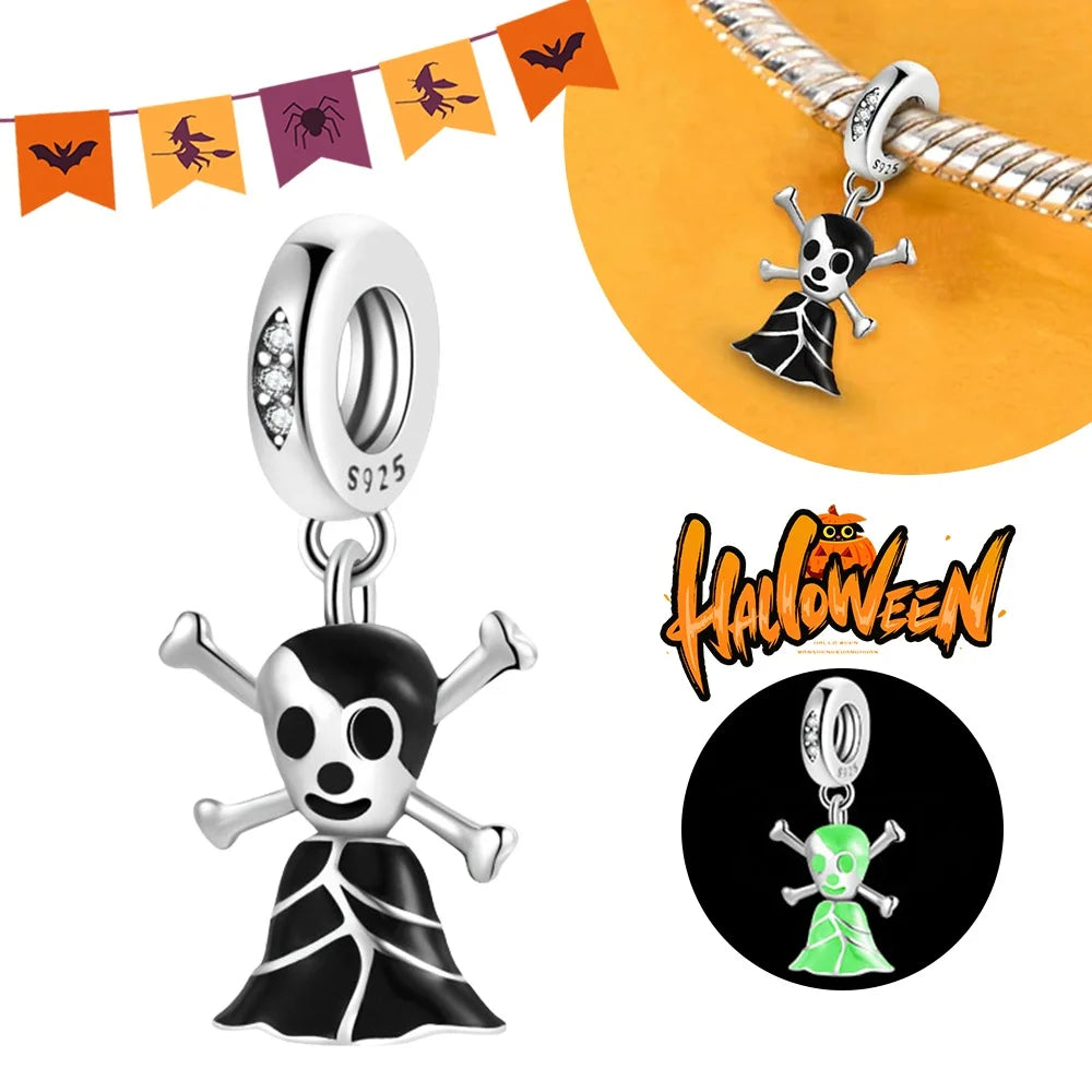 Halloween Dangle 925 Sterling Silver Skeleton Witch Devil's Eye Skull Charms Bead Fit Original Bangle Bracelet Necklace Jewelry