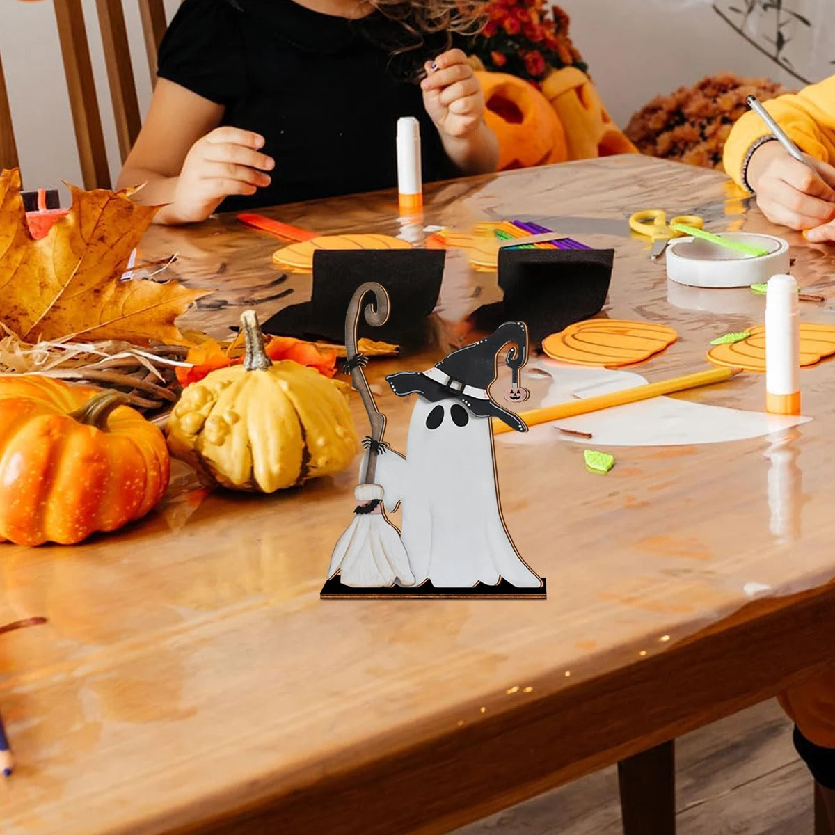 Halloween Decor Wooden Ghost with Witch Hat and Broom - Cute Home Party Ornament