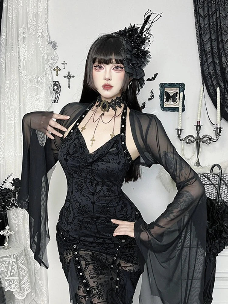 AltGoth Halloween Gothic Mesh Smock Women Vintage Streetwear Witch See Through Bat Sleeve Crop Blouse Sexy Cosplay Clothes Femme