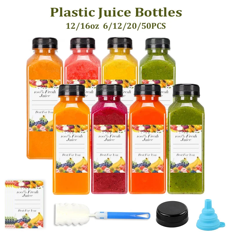 12/16oz Plastic Juice Bottles with Caps 6-50PCS Reusable Juicing Containers With Lids for Smoothie,Dringking or Other Beverages