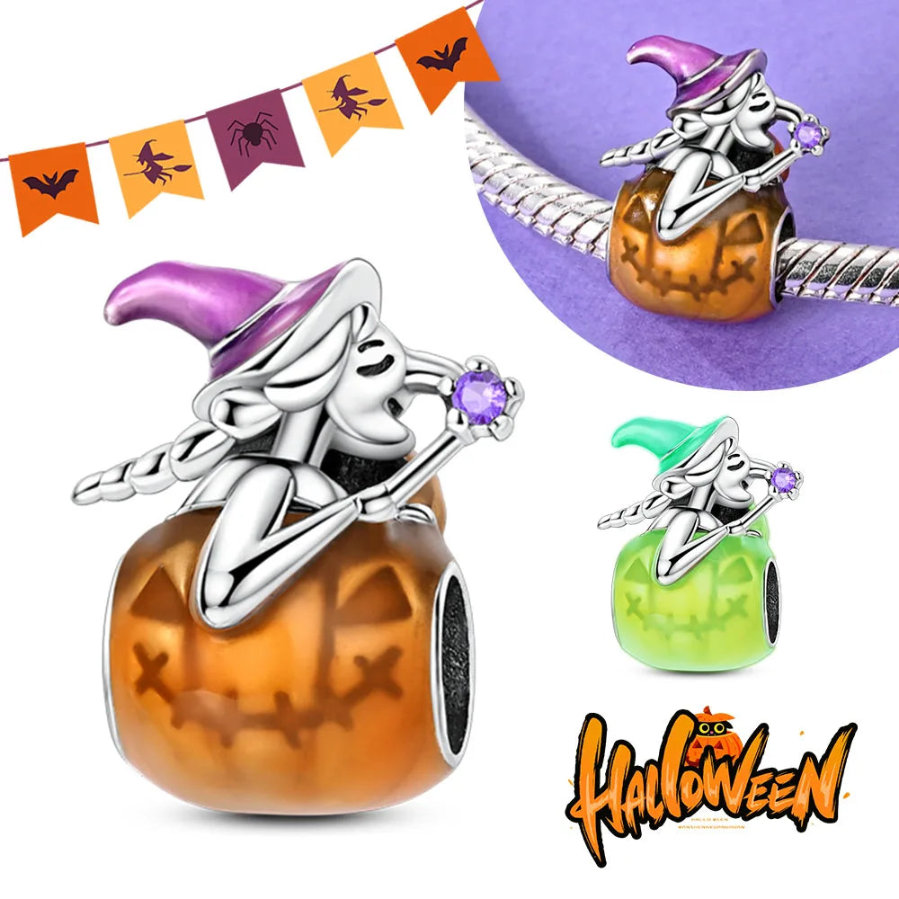 Halloween Charms 925 Sterling Silver Nightlight Pumpkin Skull Candy Witch bead for jewelry making Fit DIY Bracelet Pendant Women