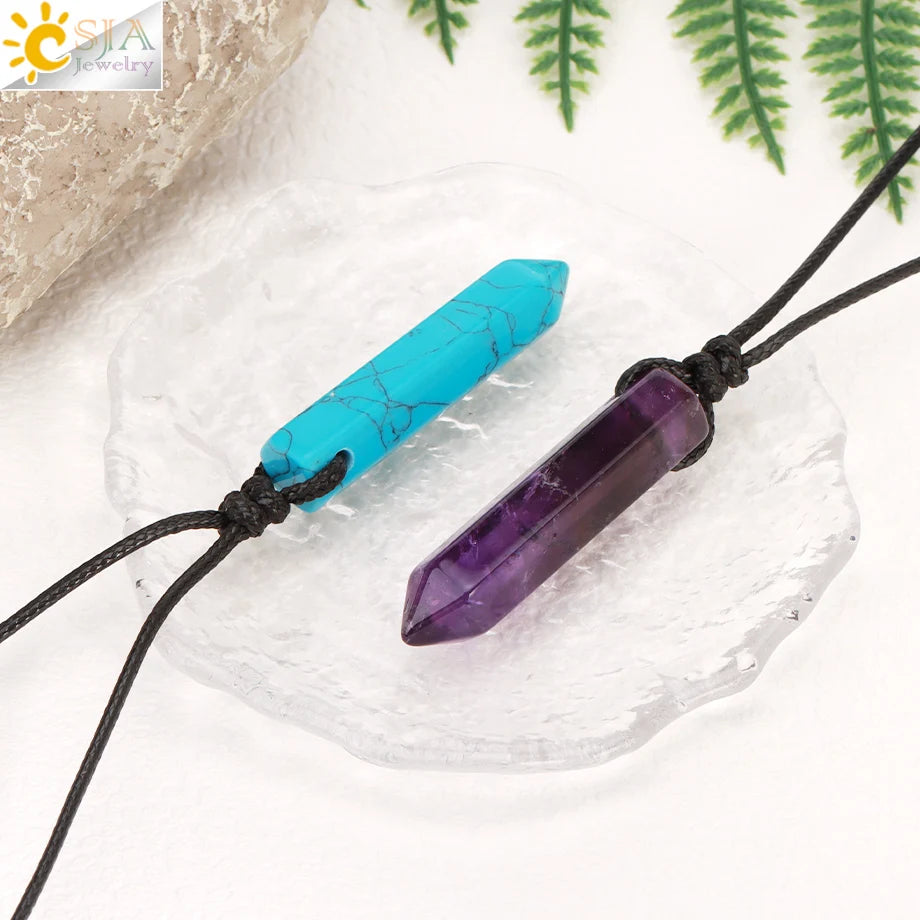 Vintage Man Necklace Natural Stone Hexagonal Point Pendant Healing Pink Quartz Obsidian Crystal Necklaces Jewelry for Men H266
