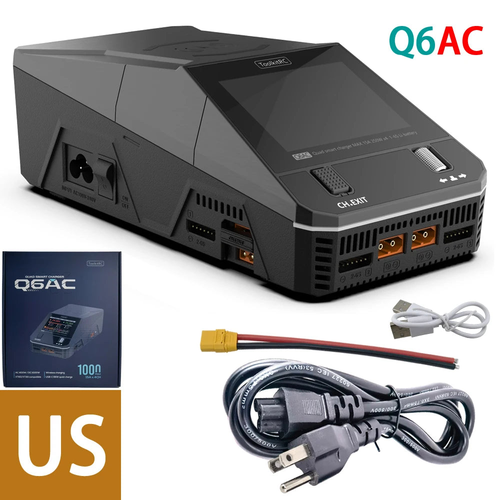 ToolkitRC Q6AC Charger AC 400W/DC 1000W 4CH output Built-in 65W USB A/TYPEC Output ,LiPo, 1-6S，NiMH 1-16S,PB 1-10S Charger IPS