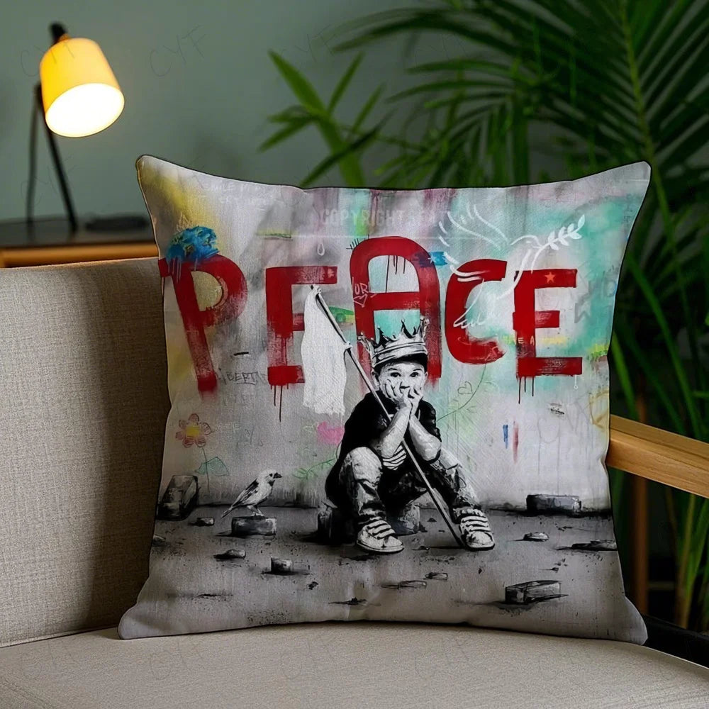 Banksy Street Graffiti Art Pillow Case Anti-dustmite Pillowcase Invisible zipper silky short plush Sofa cushion cover