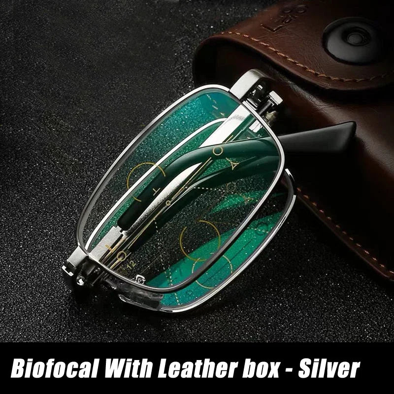 2024 Bifocal Folding Reading Glasses With Leather Box Men Women Collapsible Metal Lenses Eyewear Farsighted Eyeglasses Diopter