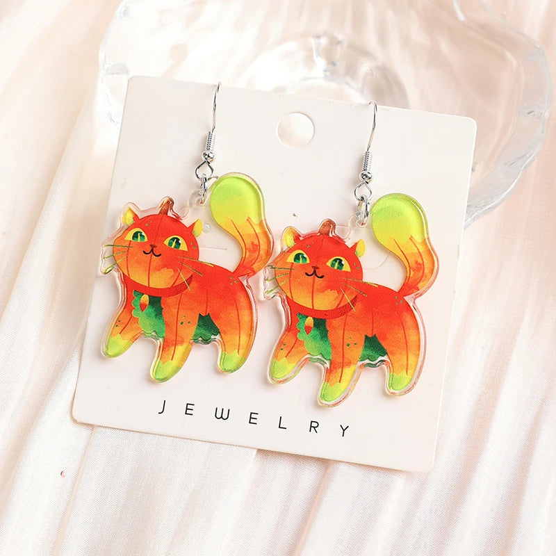 1Pair Fashion Halloween Creative Acrylic Stacked Pumpkin Cats Dangle Earrings For Women Birthday Festival Gift Lovely Jewelry