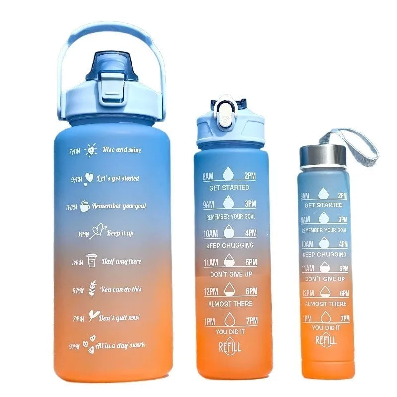 2000ml+900ml+300ml Motivational Water Bottle Set Large Capacity Tumbler with Straws Time Marker for Outdoor Sports