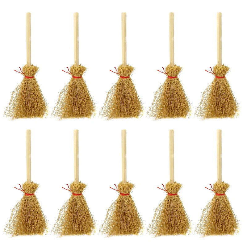 10PCS Mini Broom Witch Straw Brooms DIY Hanging Ornaments for Halloween Party Decoration Costume Props Dollhouse Accessories