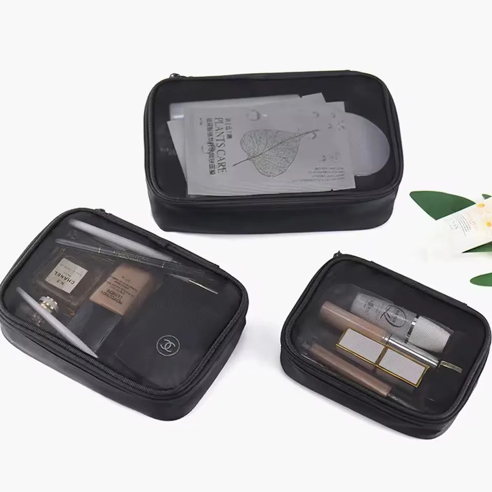 Travel Black Mesh Cosmetic Bag Zipper Makeup Bag For Women Wash Toiletry Bag Makeup Organizer Portable Storage Pouch