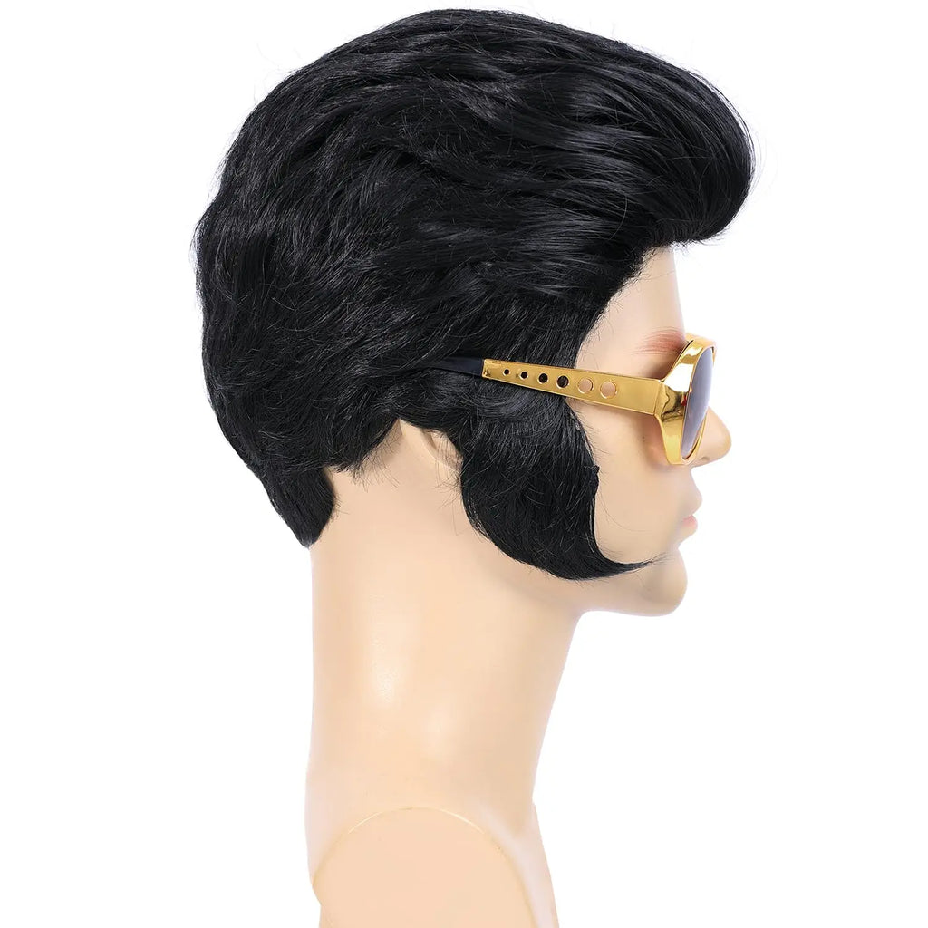 Synthetic 50s 60s Rock Legend Wig for Men Elvis Wig 1950s Singer Rocker Costume Wig with Accessories for Cosplay Halloween Party