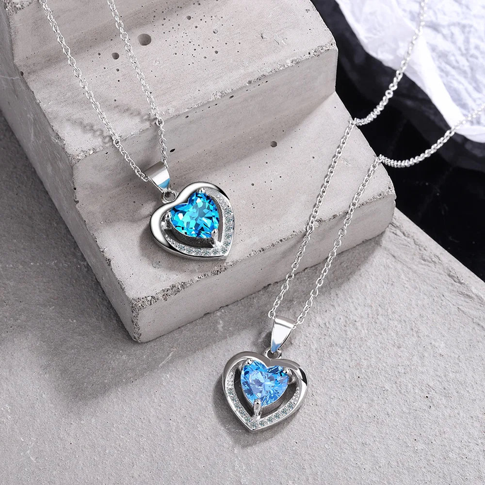 925 Sterling Silver Heart Blue Zircon Pendant Necklaces For Women Female Jewelry Fashion Accessories Wholesale Trend 2024