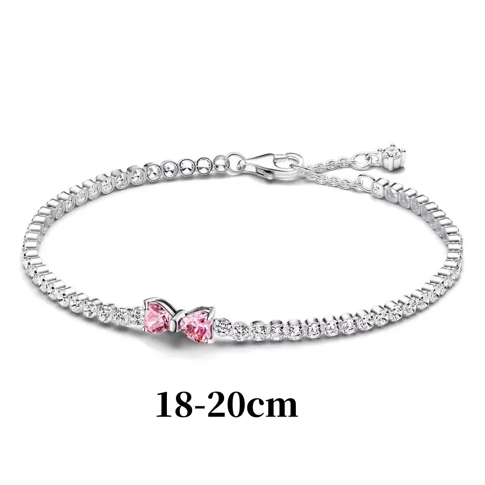 Luxury Original 925 Sterling Silver Necklace Bow Round CZ Red Heart Pendant Necklace Charm Women Classic DIY Gift Making