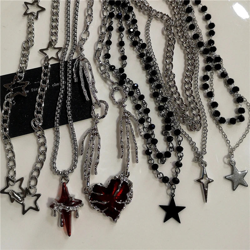Punk Rock Y2K Black Star Cross Red Heart Pendant Ghost Claw Choker Chain Necklace Men Women Goth Vintage Grunge EMO Accessories