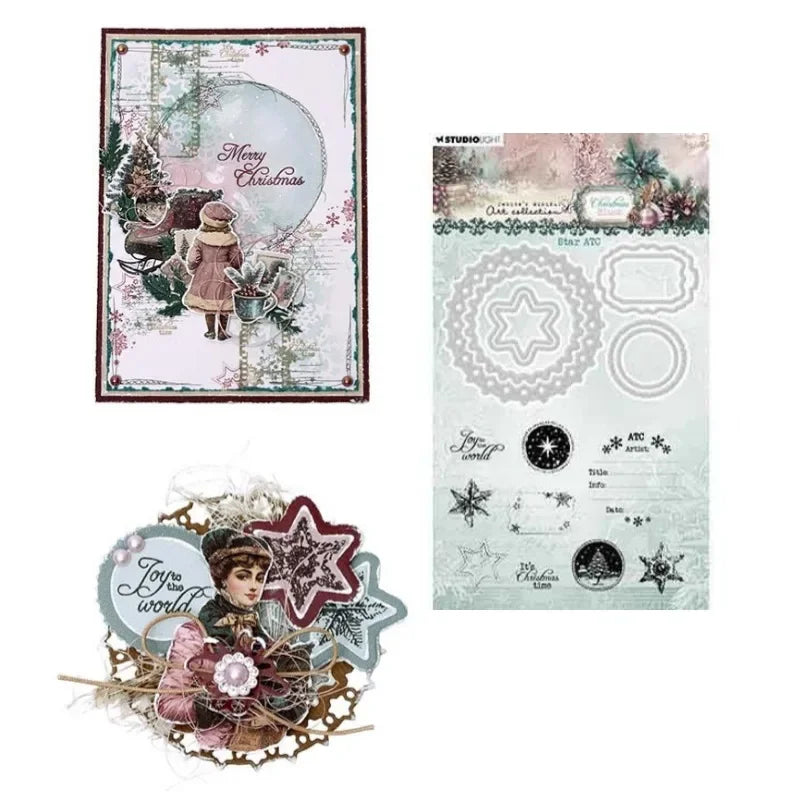 Christmas Blush Winter crackle Holiday Snowy Star frame Metal Cutting Die Silicone Stamp Scrapbook Stencil Photo Album DIY Paper