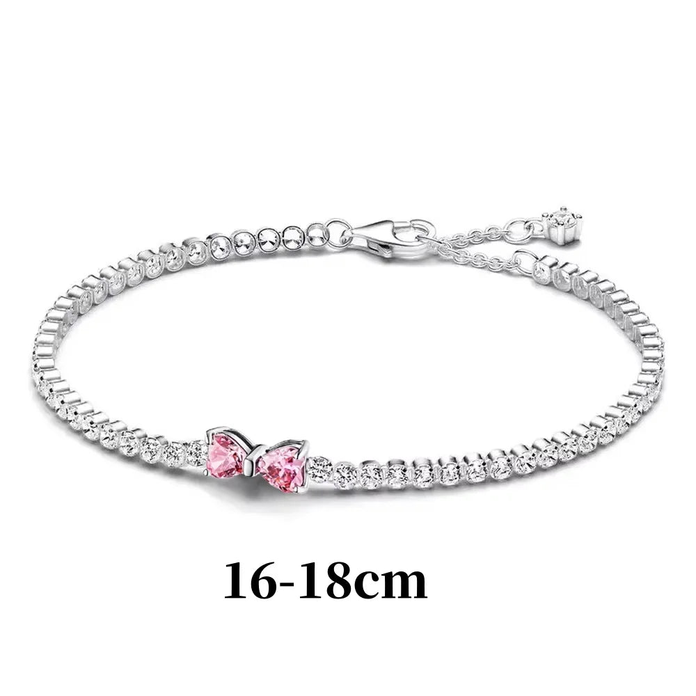 Luxury Original 925 Sterling Silver Necklace Bow Round CZ Red Heart Pendant Necklace Charm Women Classic DIY Gift Making