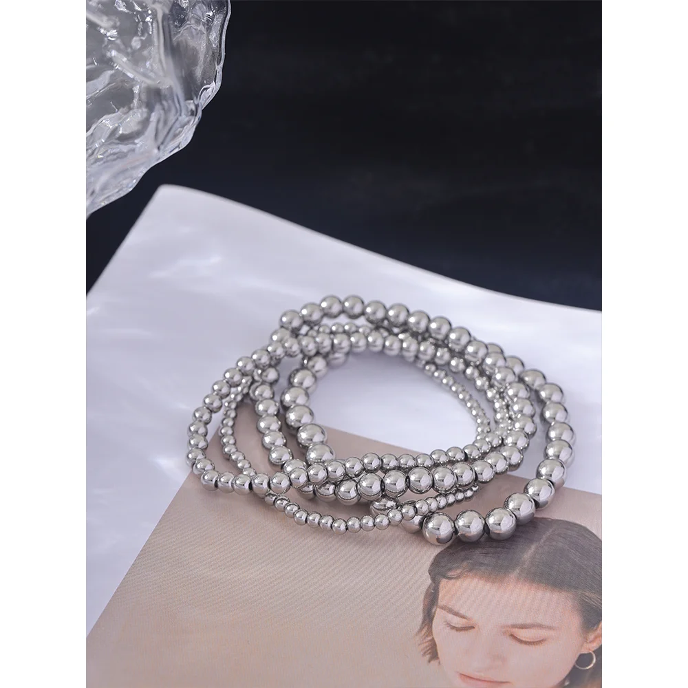 Yhpup 3/4/5/6 MM Stainless Steel Beads Daily Handmade Elastic Bracelet Bangle Waterproof Wrist Wholesale Gold Color Jewelry Men