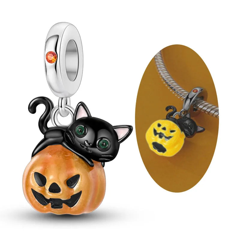 Original 925 Sterling Silver Halloween Charms Beads Pendant Pumpkin Witch Doll Skull Candy Charm Fit Bracelet DIY Jewelry Gift