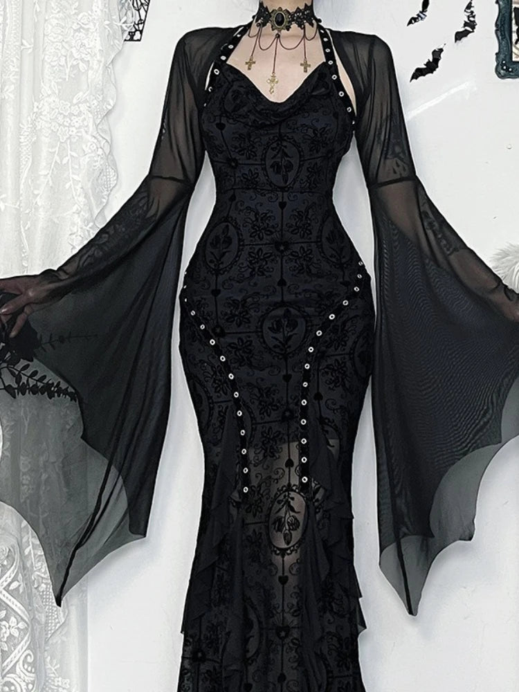AltGoth Halloween Gothic Mesh Smock Women Vintage Streetwear Witch See Through Bat Sleeve Crop Blouse Sexy Cosplay Clothes Femme