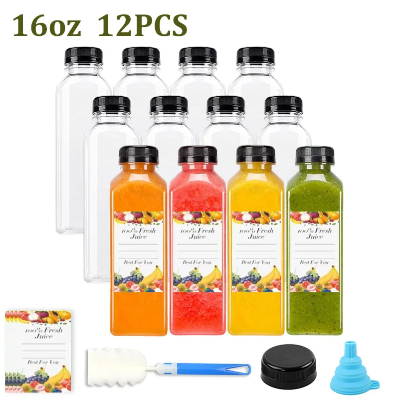 12/16oz Plastic Juice Bottles with Caps 6-50PCS Reusable Juicing Containers With Lids for Smoothie,Dringking or Other Beverages