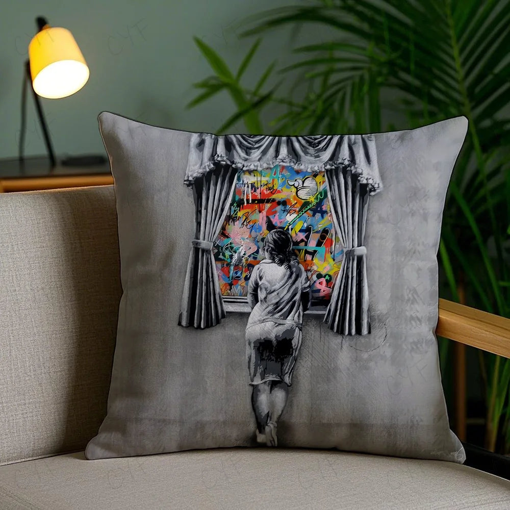 Banksy Street Graffiti Art Pillow Case Anti-dustmite Pillowcase Invisible zipper silky short plush Sofa cushion cover