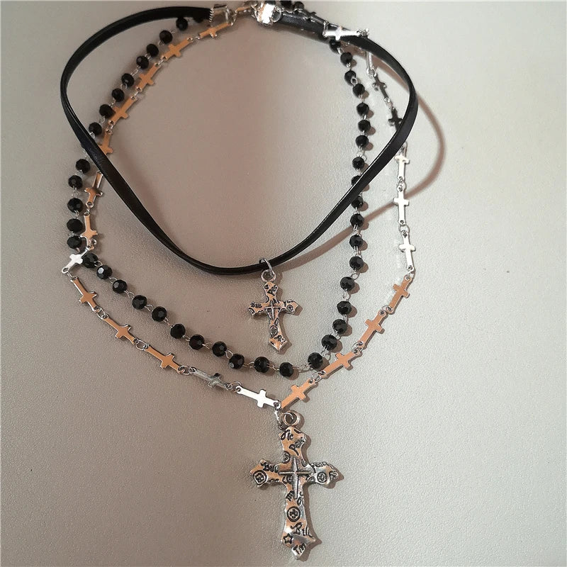 Punk Y2K Metal Cross Star Black Heart Pendant Multi Layer Bead Necklace For Women Men Vintage Gothic Charm Grunge Jewelry Gift