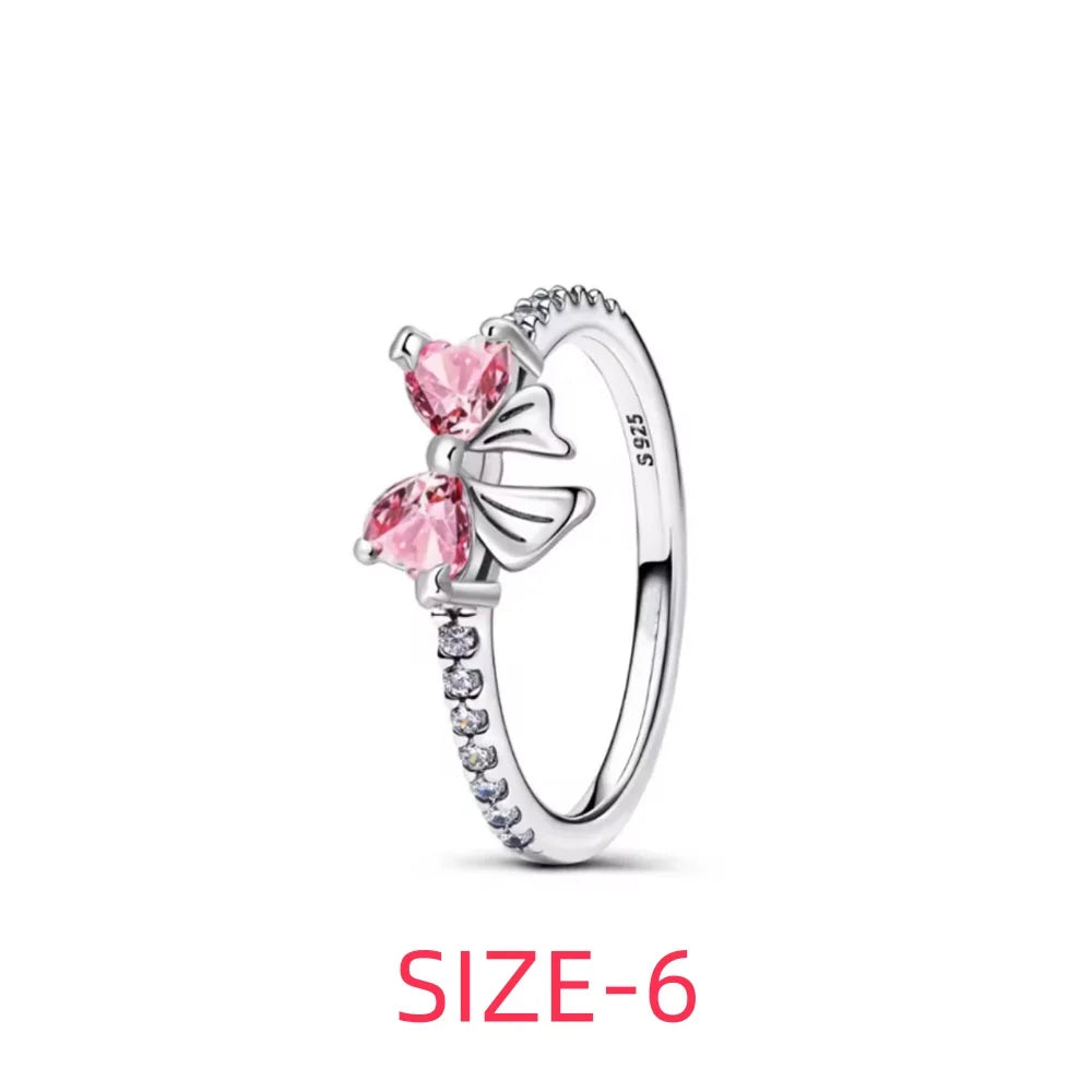 New 925 silver pink bow heart-shaped pendant ring necklace earrings crystal women's Valentine's Day birthday gift DIY jewelry