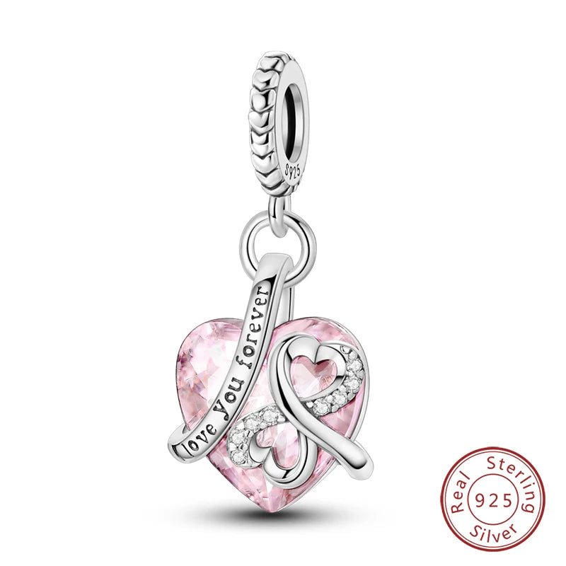 Real 925 Sterling Silver Pink Series Heart Charms Beads Fit Qikaola 925 Original Bracelets DIY Mother's Day Jewelry Gift For Mom
