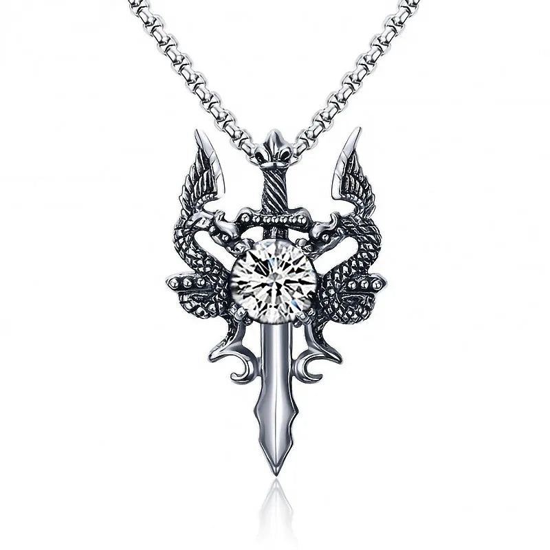 Double Dragon Red Stone Sword Cross Pendant Necklace For Men INS Vintage Stainless Steel Neck Chain Cool Hip Hop Jewelry Gifts