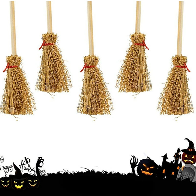 10PCS Mini Broom Witch Straw Brooms DIY Hanging Ornaments for Halloween Party Decoration Costume Props Dollhouse Accessories