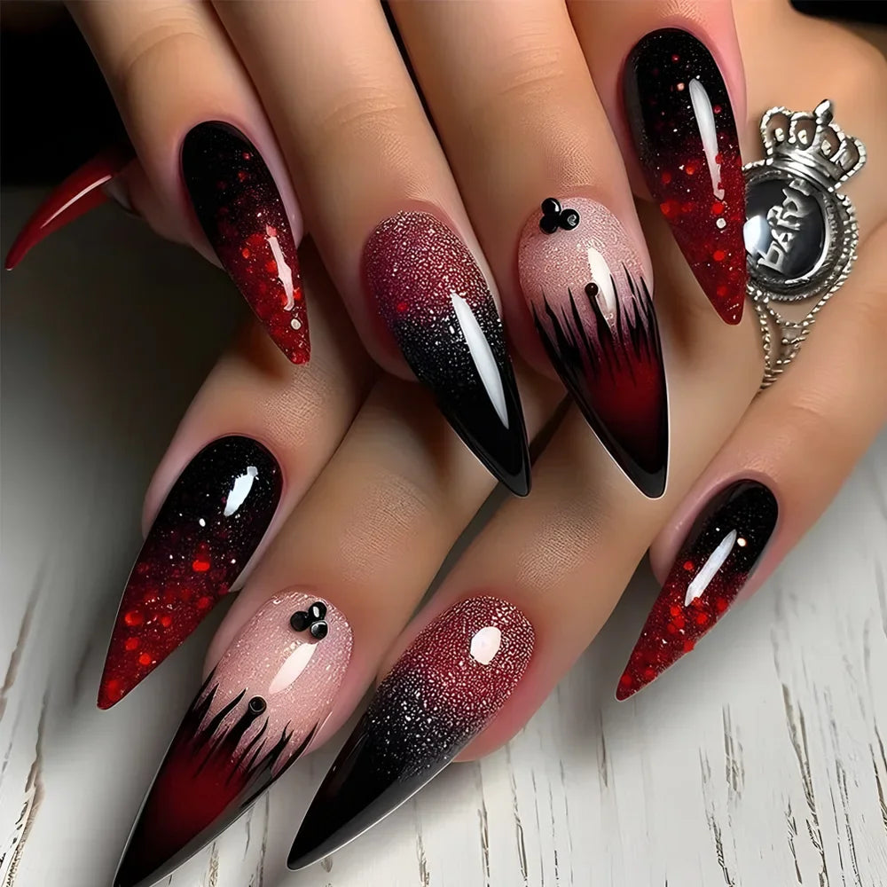 24pcs Halloween Fake Nails Black Red Gradient False Nails Dark Halo Wave Artificial Nails Wearable Long Stiletto Nail with Glue