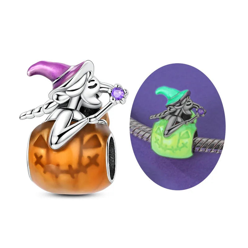 Original 925 Sterling Silver Halloween Charms Beads Pendant Pumpkin Witch Doll Skull Candy Charm Fit Bracelet DIY Jewelry Gift