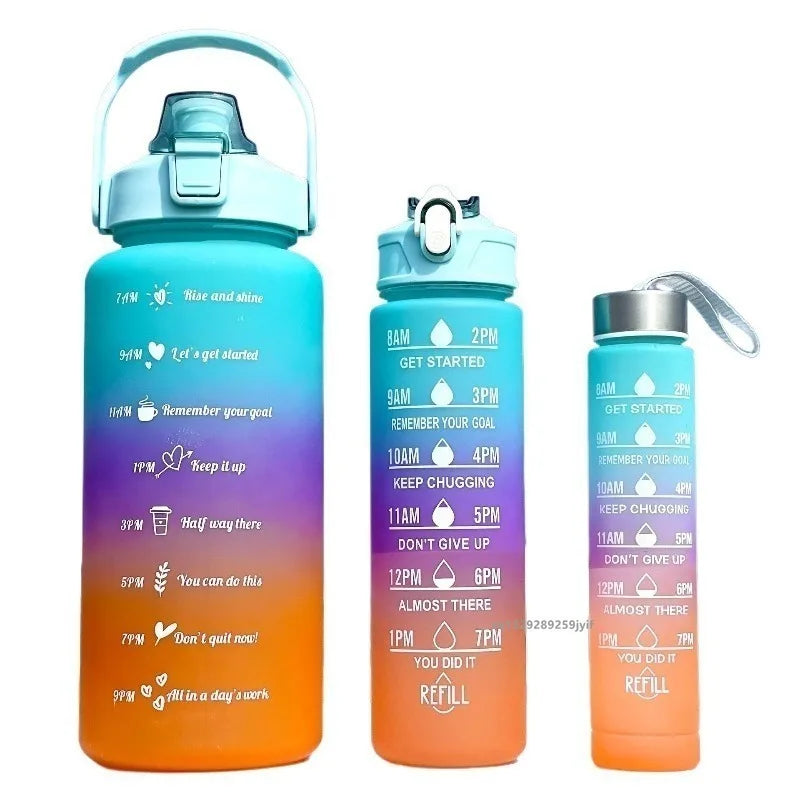 2000ml+900ml+300ml Motivational Water Bottle Set Large Capacity Tumbler with Straws Time Marker for Outdoor Sports