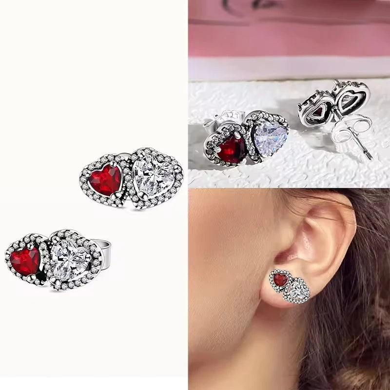 S925 Silver Valentine's Day Red Heart Charm Earring Snowflake Earrings Bow Heart Necklace DIY For Women Fine Jewelry Gift