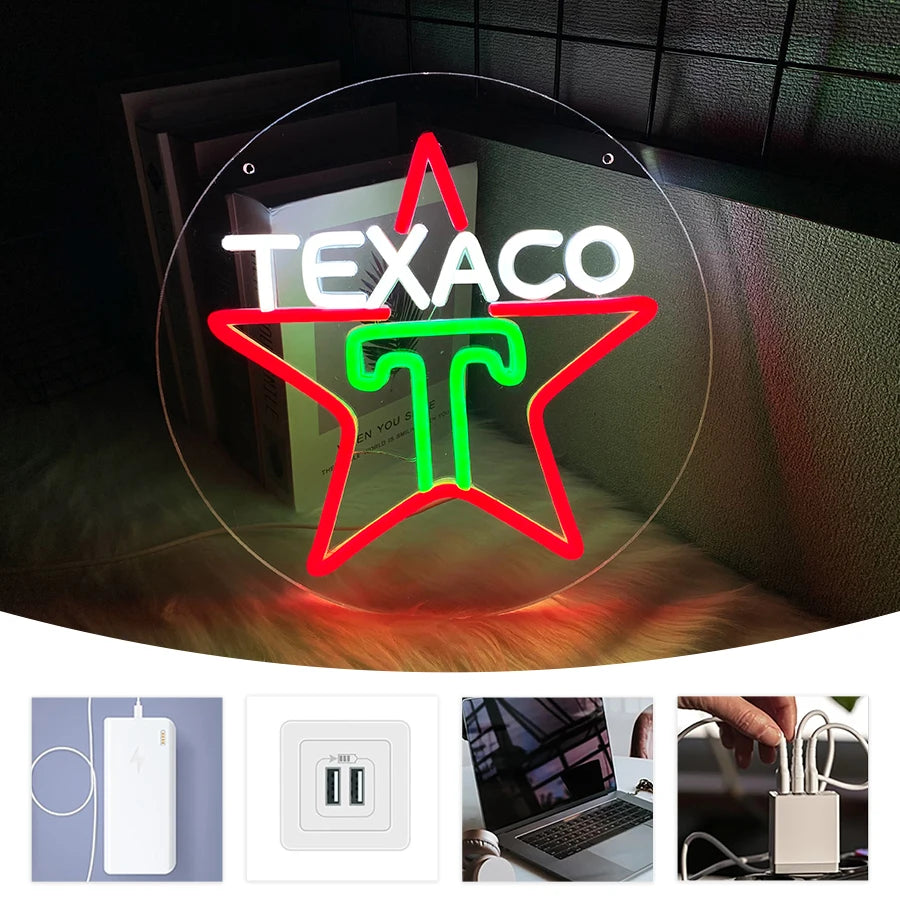 Texaco Neon Sign, Texas Gasoline Engine Oil And Gas Station Sign, Used For Garage Decor, Man Cave Wall Lamp, Personalized Gift.