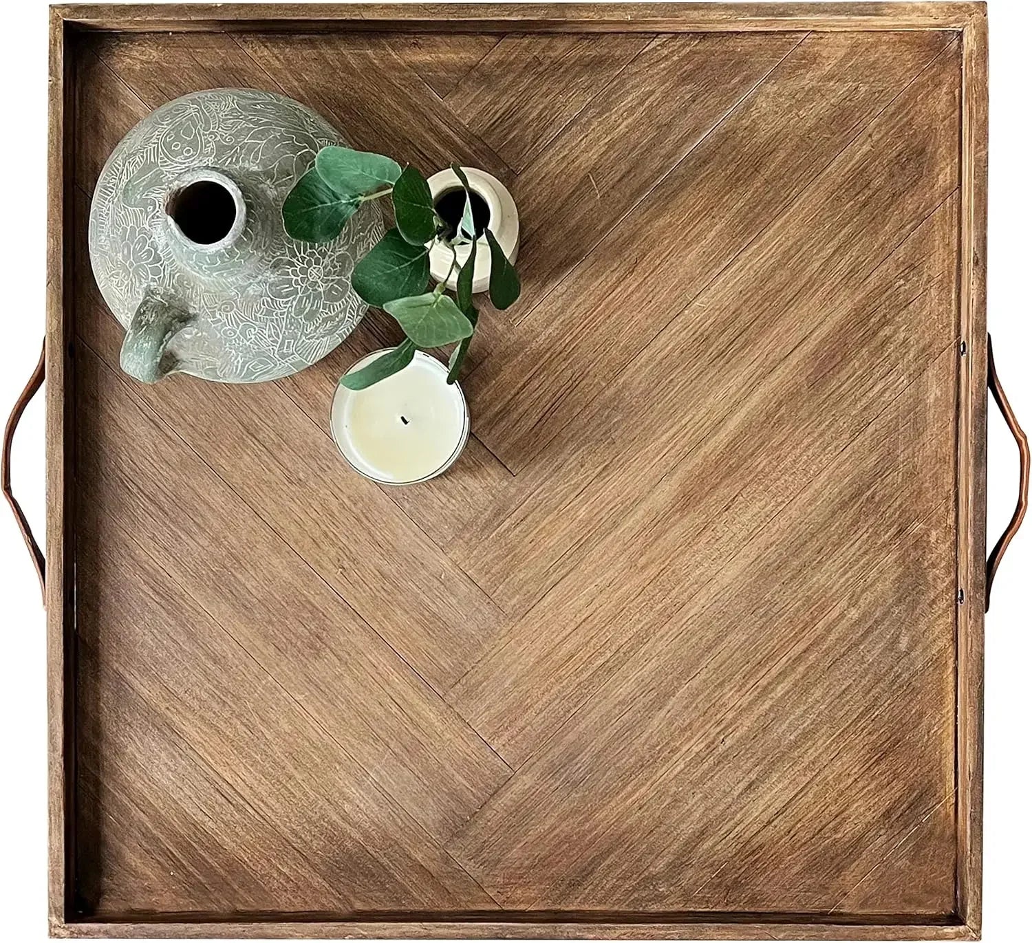 Large Ottoman Wood Tray- with Leather Handle Decorative Wooden 24 x 24 x1.5 Inches Square Serving