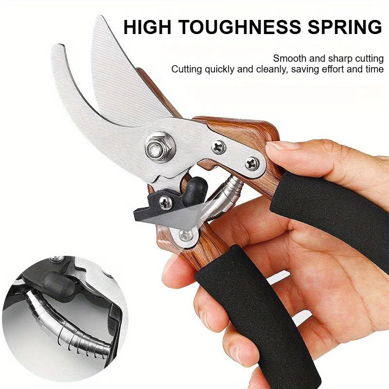 Garden Pruning Shears - Labor-Saving Spring, Sharp Blade, Bent Head, Glass Fiber Wood Grain Sponge Handle