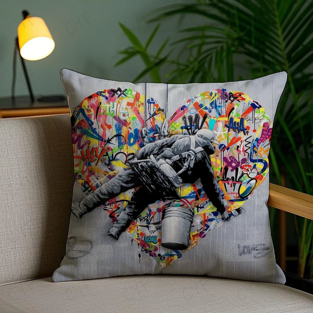 Banksy Street Graffiti Art Pillow Case Anti-dustmite Pillowcase Invisible zipper silky short plush Sofa cushion cover